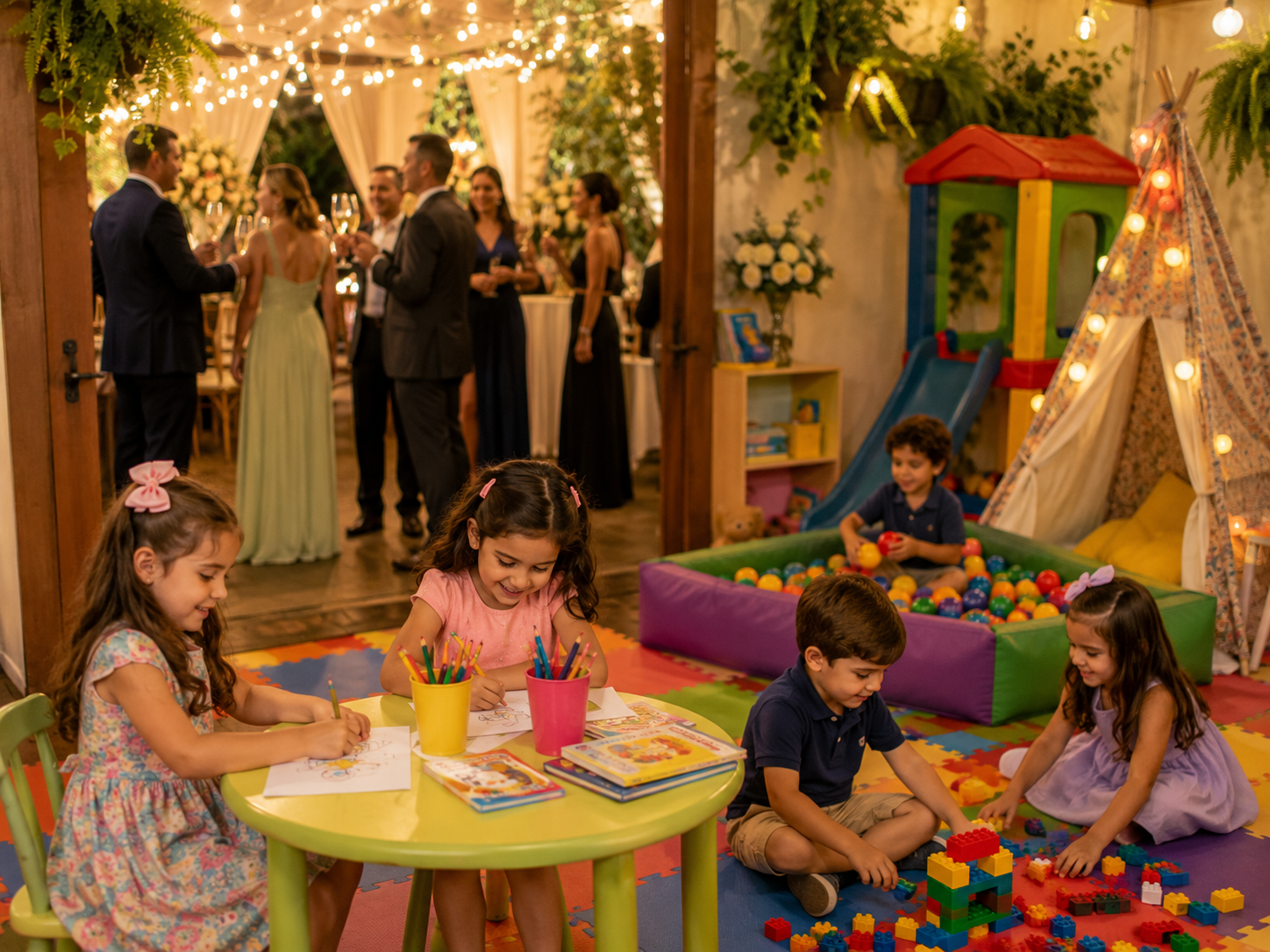 Crianças no espaço kids durante o coquetel