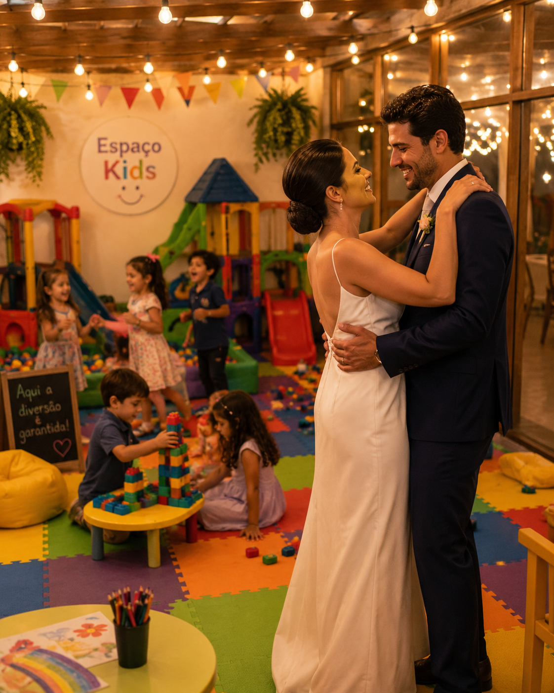 Casal dançando enquanto crianças brincam no espaço kids