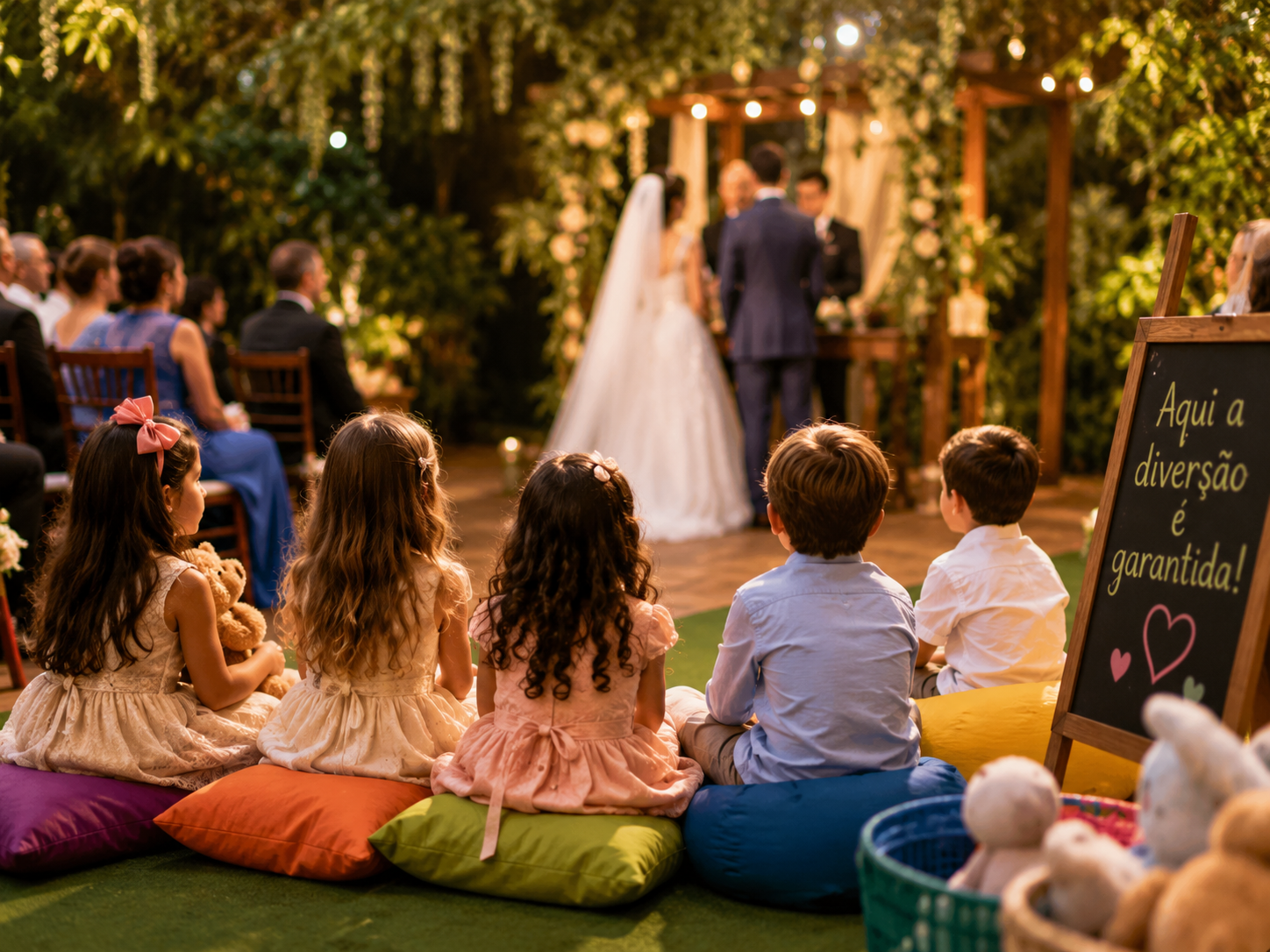 Cerimônia de casamento com crianças assistindo