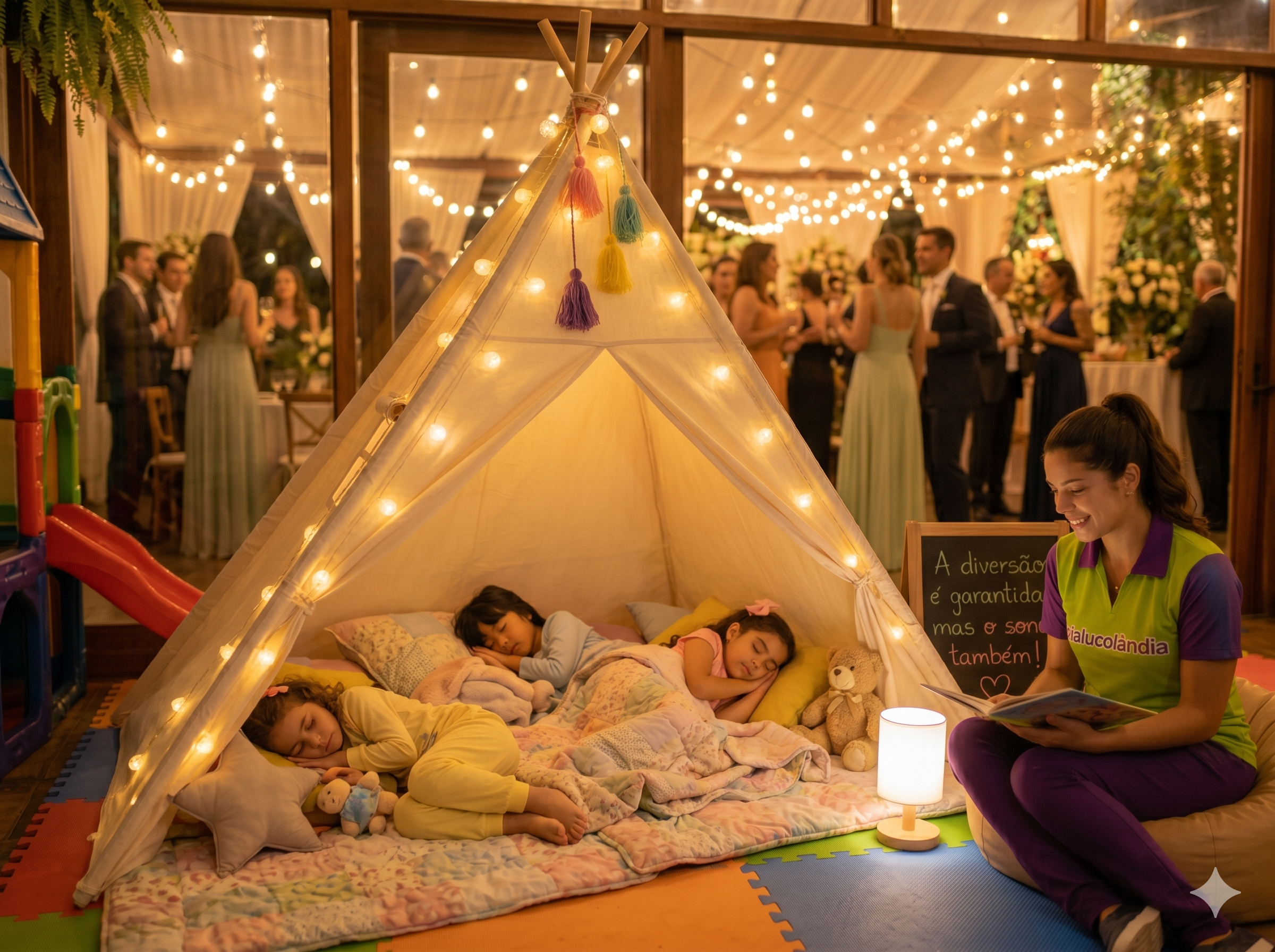 Cabana do sono com criança descansando enquanto a festa continua